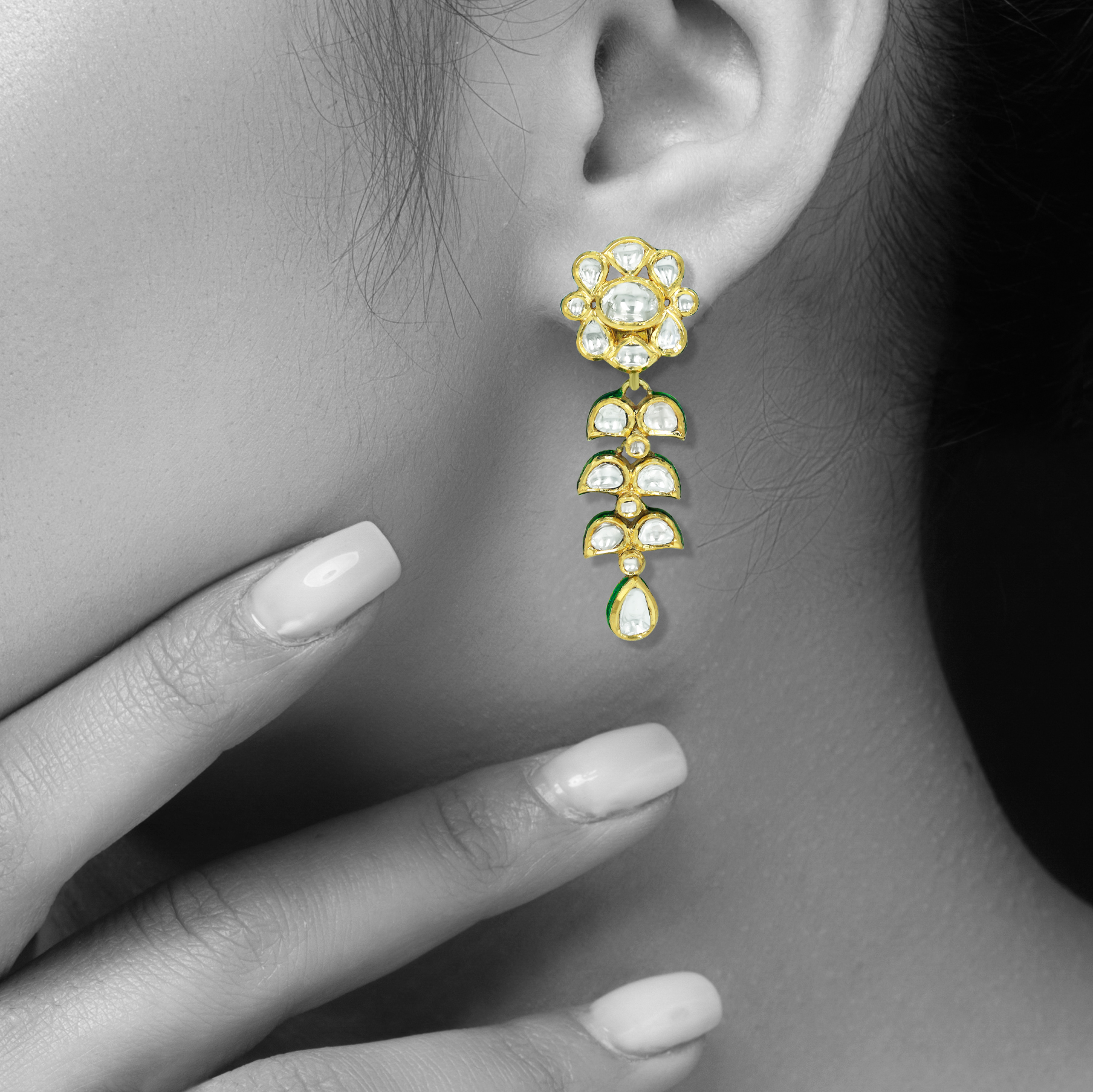 Floral Polki Drop Earrings with Petal Design and Teardrop
